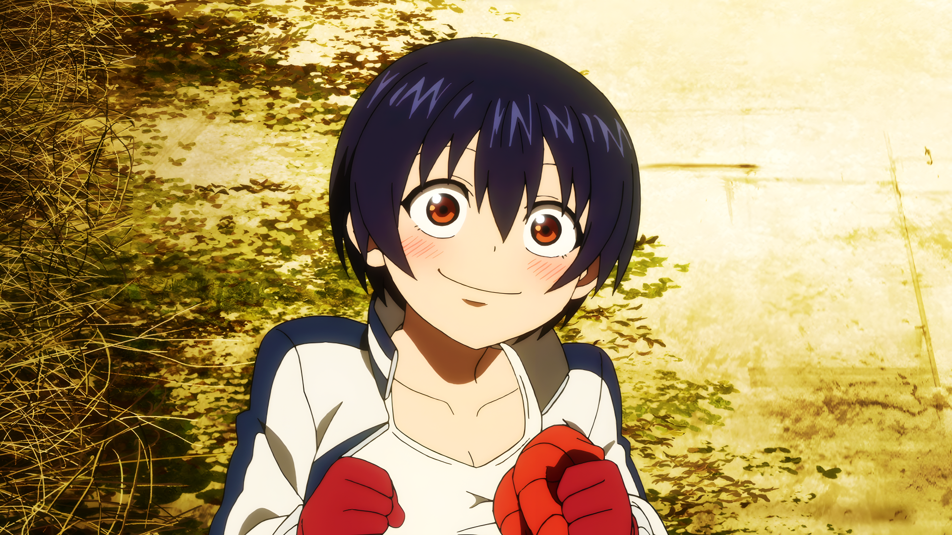 Anime-style character from Undead Unluck with short black hair and red gloves, set against a textured golden background in 8K Ultra HD PC desktop wallpaper quality.