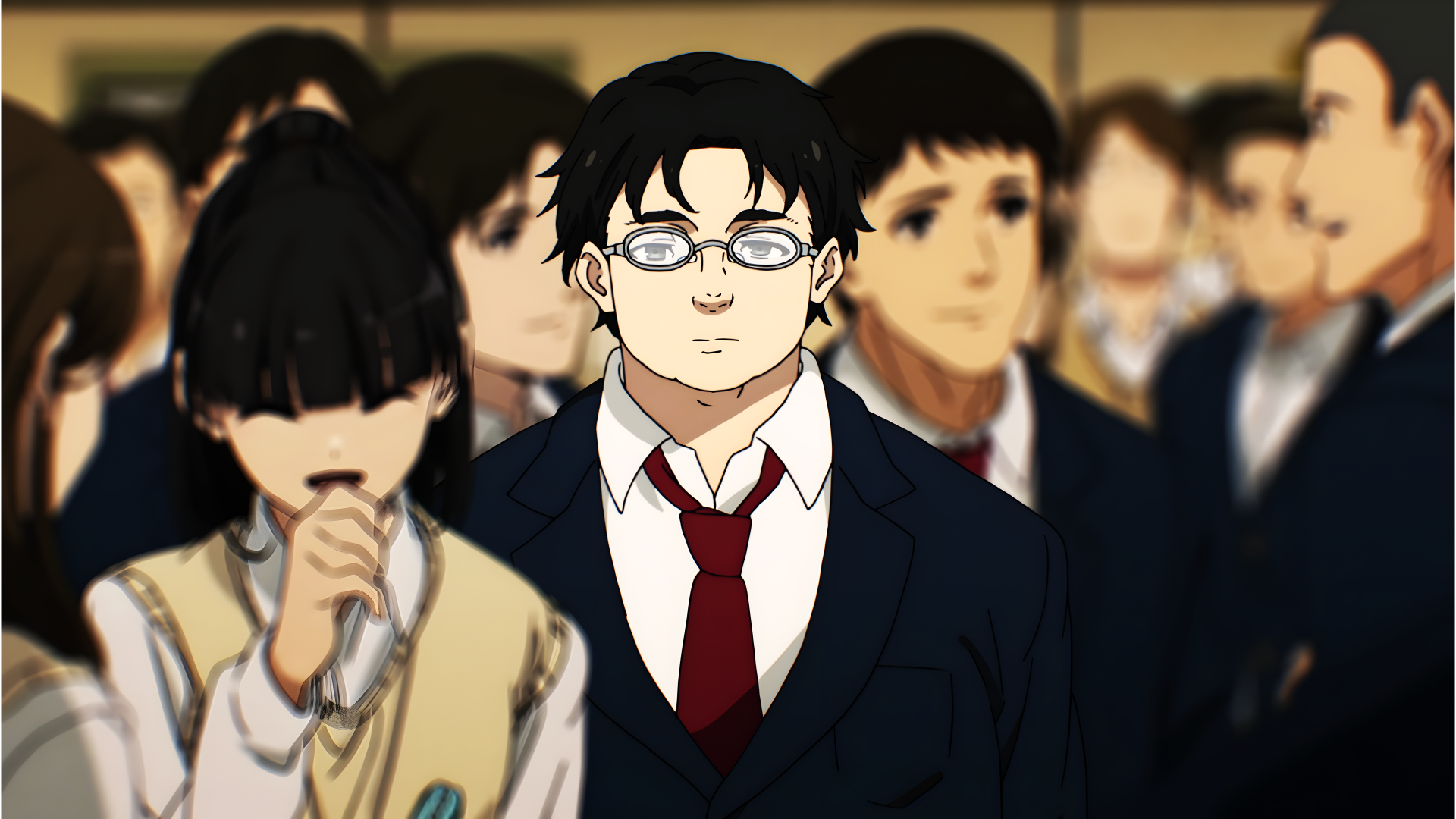 Rudeus Greyrat from the anime Mushoku Tensei: Jobless Reincarnation in an 8K Ultra HD PC desktop wallpaper, surrounded by blurred figures in a crowd.