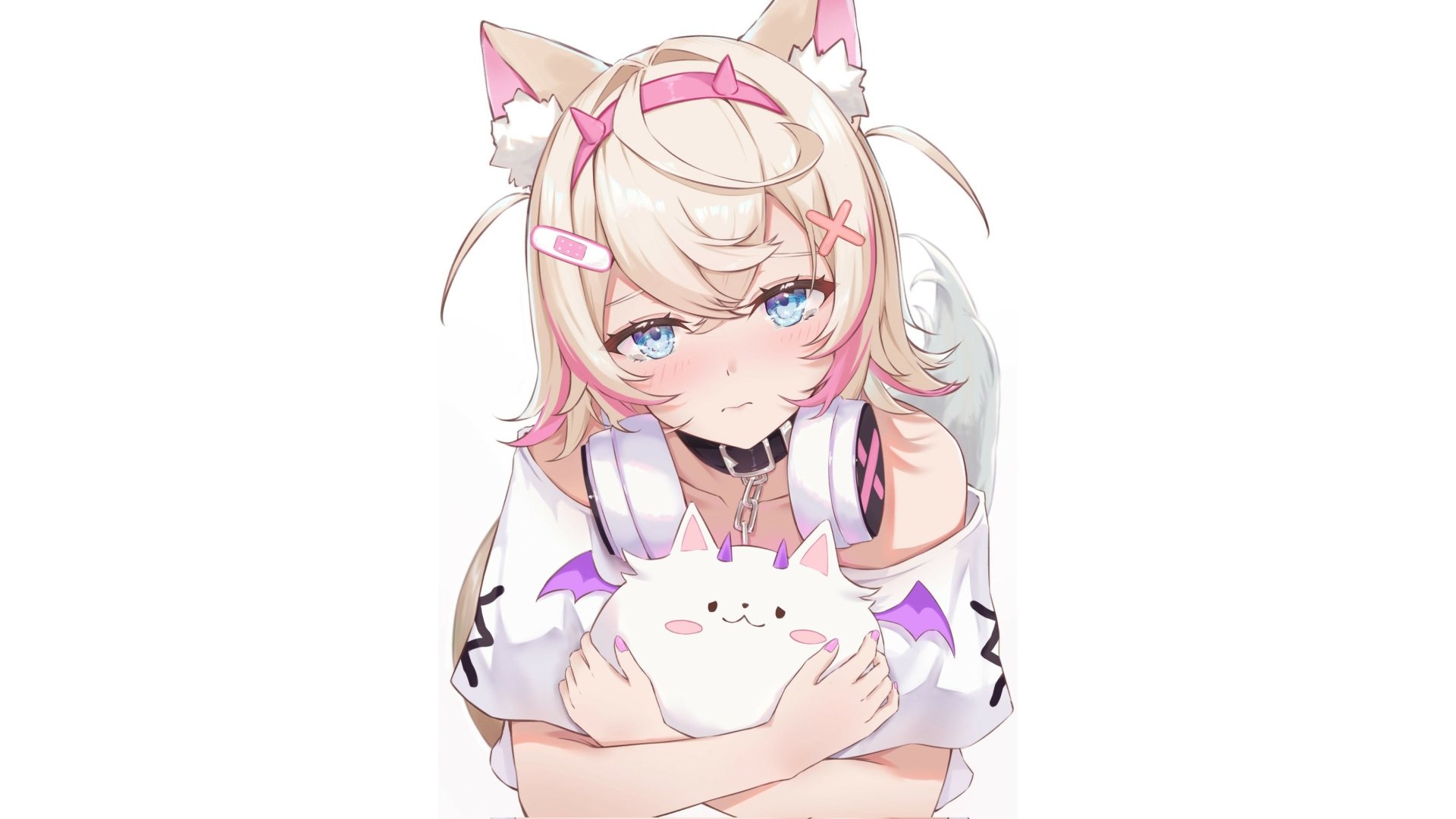 Sad anime-style Virtual YouTuber FUWAMOCO Mococo Abyssgard from Hololive, hugging a cute cat plush, featured as an HD PC desktop wallpaper background.