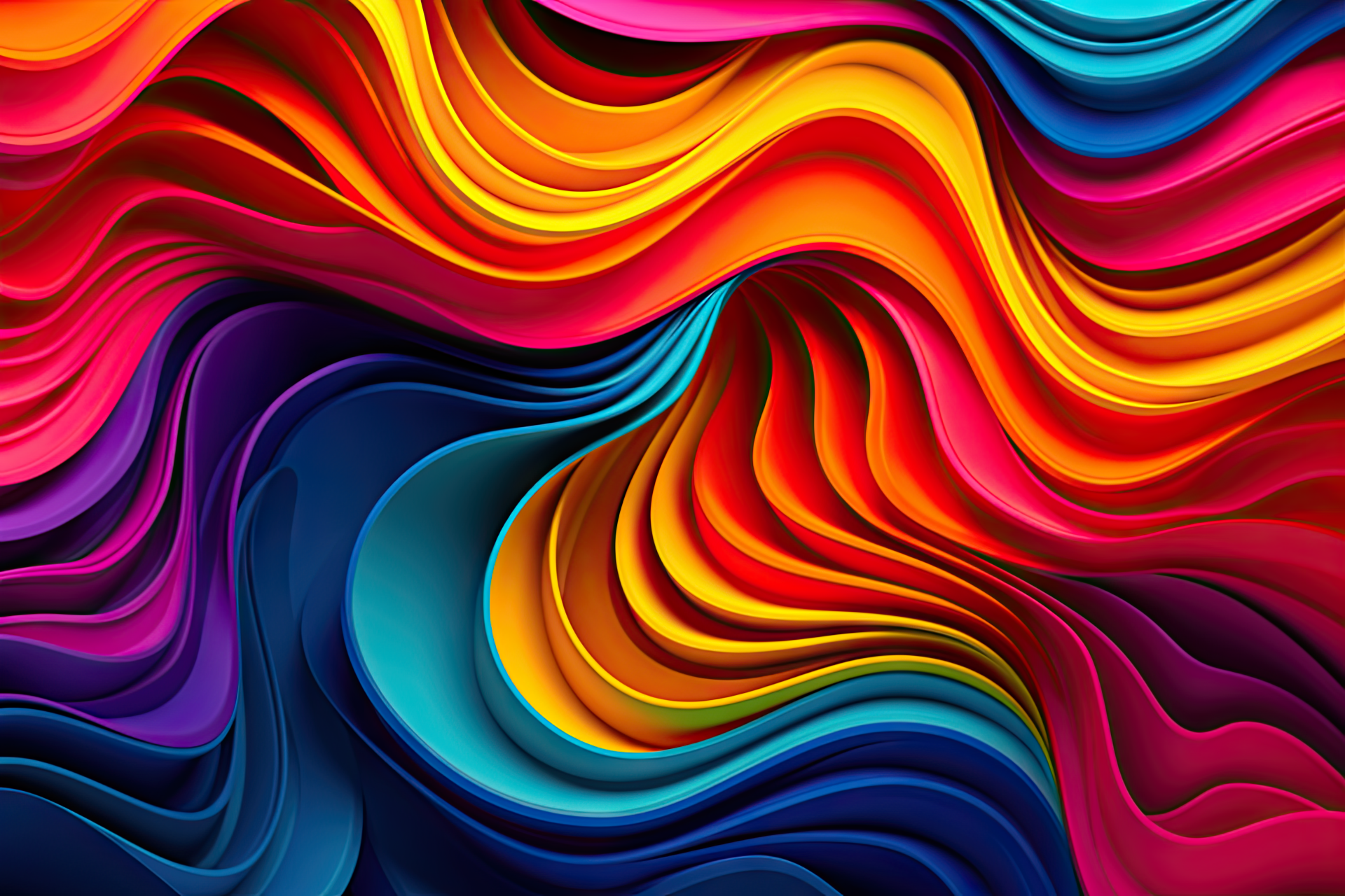 A vibrant 4K Ultra HD abstract desktop wallpaper featuring neon glowing rainbow lines and swirling particle patterns, creating a dynamic and colorful visual flow.