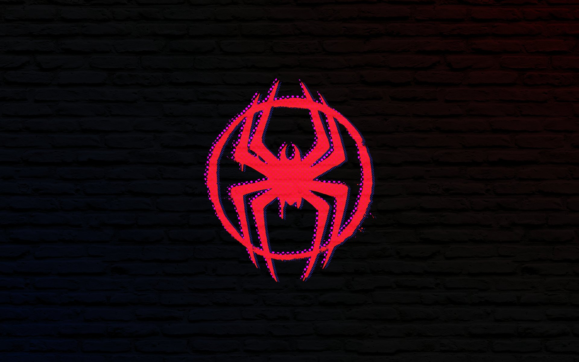 4K Ultra HD Spider-Man: Across the Spider-Verse wallpaper featuring a vibrant red spider emblem against a dark brick wall background for PC desktop.