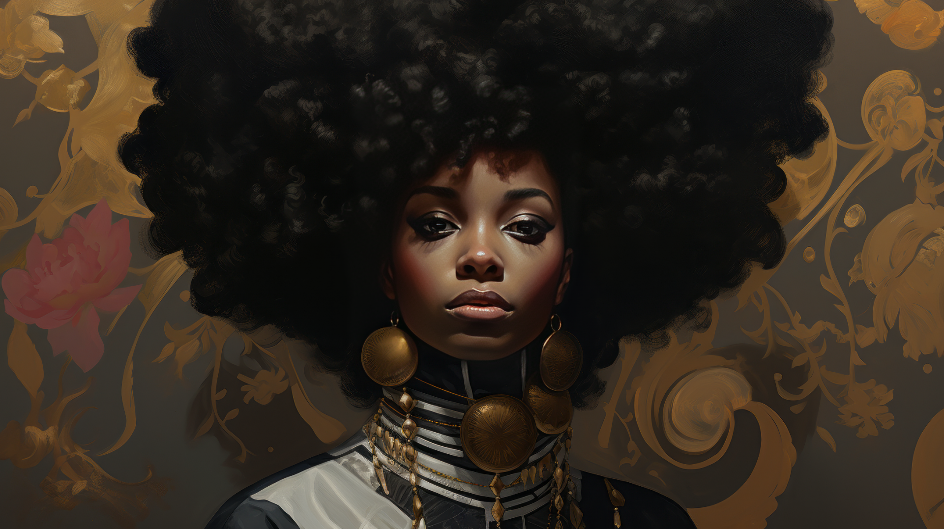 A striking black aesthetic wallpaper featuring a woman with a voluminous afro, adorned in bold jewelry against a richly textured background, showcasing beauty and confidence.