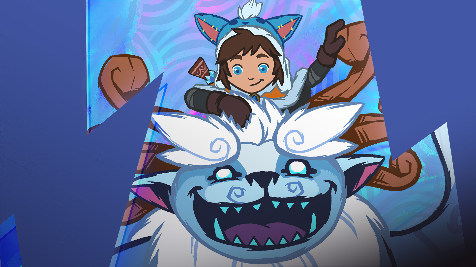 HD desktop wallpaper featuring Nunu from League of Legends, depicted joyously riding a fierce yet friendly beast.