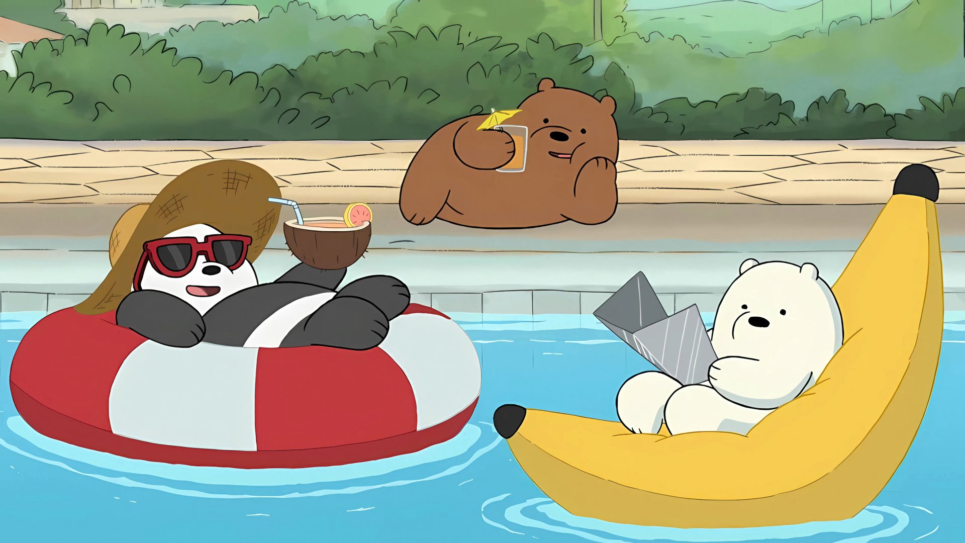 We Bare Bears characters relaxing in pool floaties, HD desktop wallpaper and background.