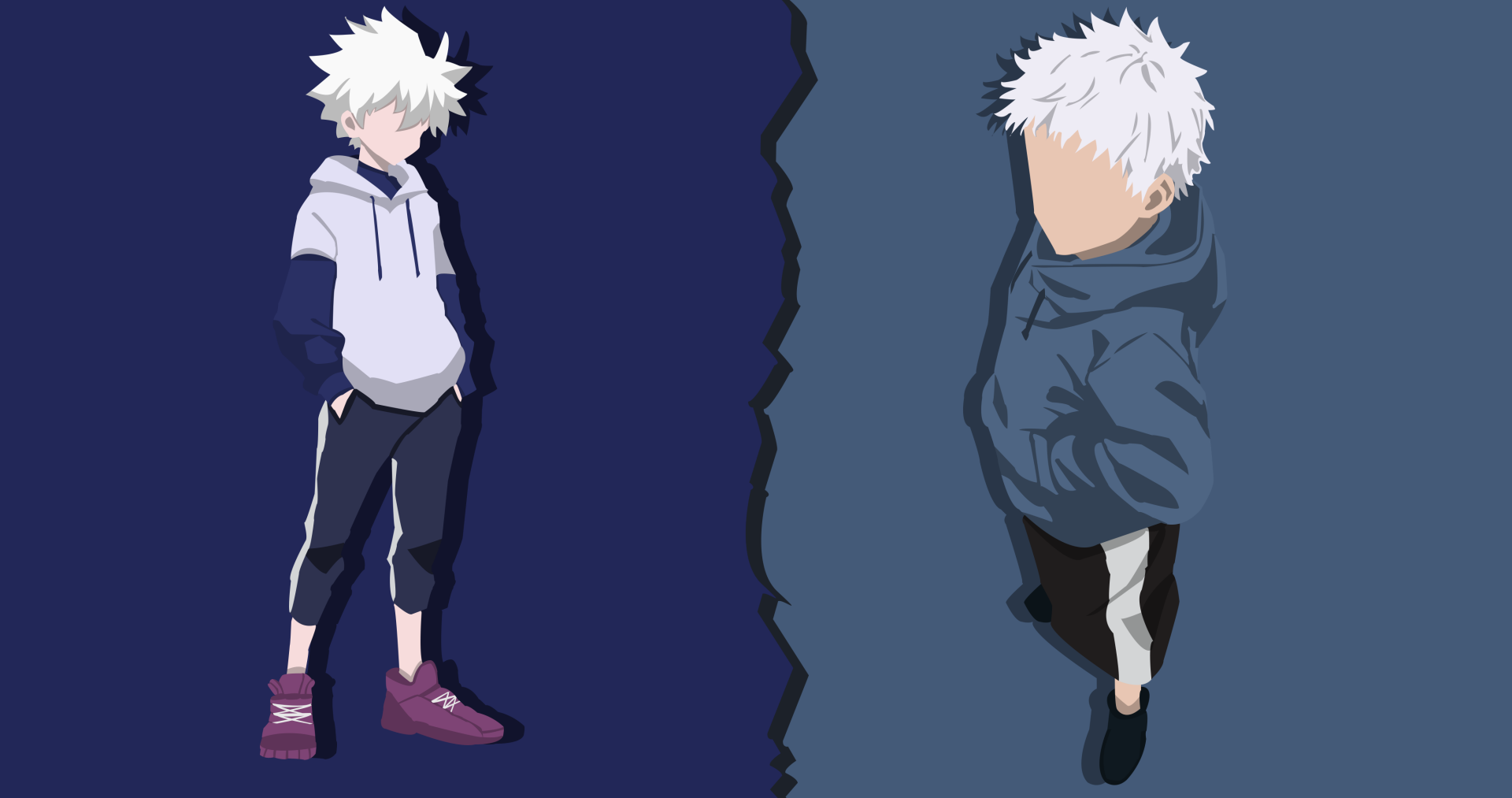4K Ultra HD anime crossover wallpaper featuring stylized characters Killua Zoldyck and Satoru Gojo standing against a split dark background.