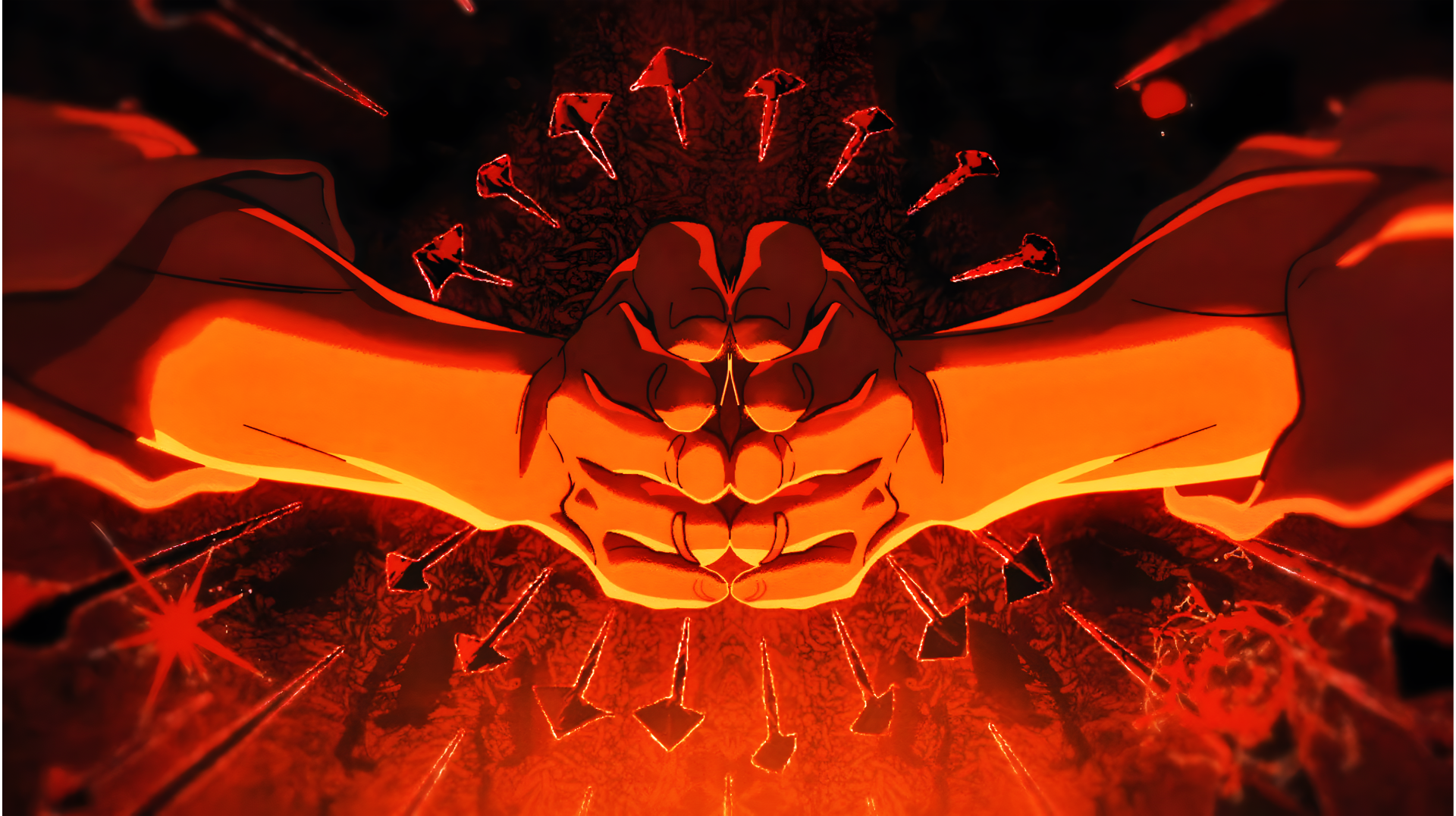 Anime-inspired Jujutsu Kaisen scene featuring intense glowing fists and dynamic red energy, rendered in 4K Ultra HD for PC desktop wallpaper and background.