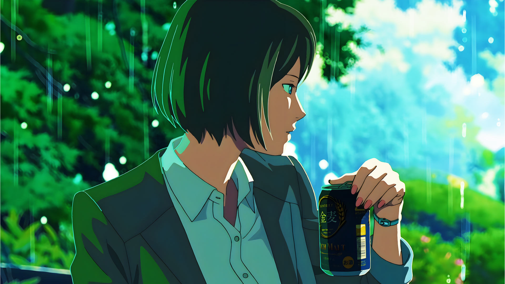 Anime-style 4K Ultra HD wallpaper from The Garden of Words featuring a contemplative character holding a can, set against a vibrant rainy background.