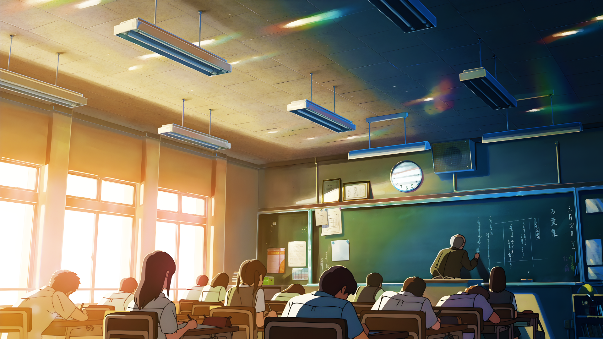 Anime scene from The Garden Of Words showing a sunlit classroom with students seated and a teacher at the chalkboard, rendered in 4K Ultra HD quality.