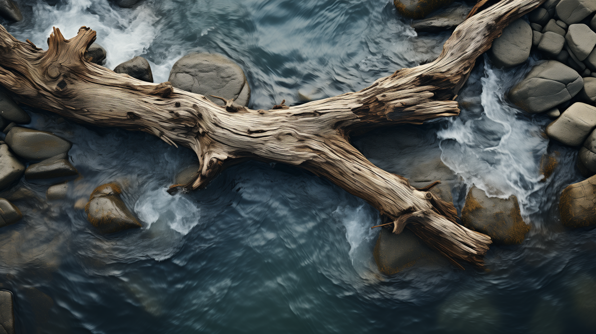 HD wallpaper of driftwood in a river with smooth stones and flowing water for desktop background.