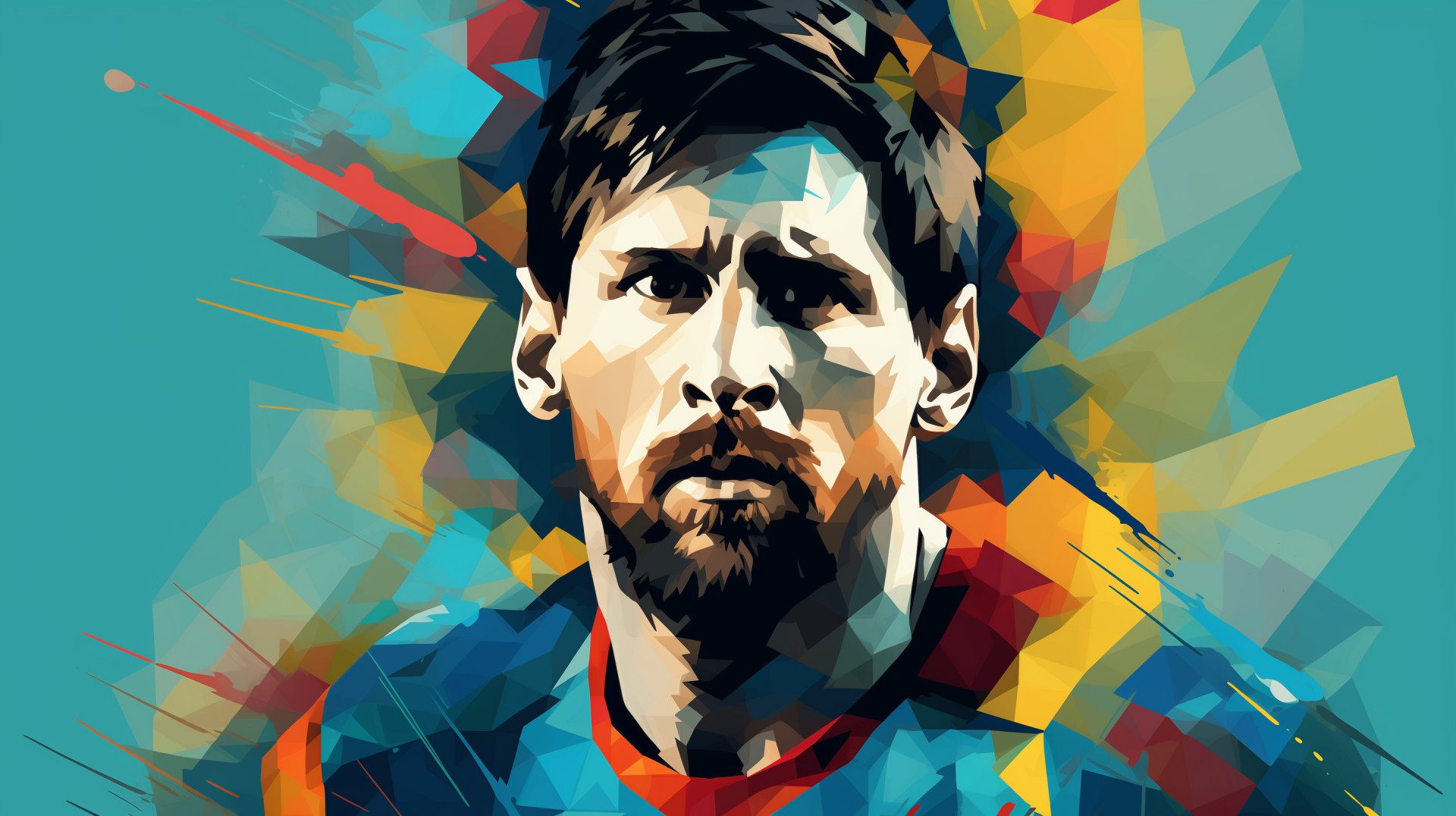 HD desktop wallpaper featuring a colorful geometric illustration of soccer player Lionel Messi in a Barcelona jersey.