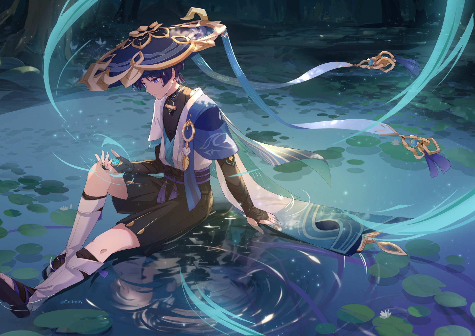 Scaramouche from Genshin Impact sits by water under a glowing umbrella, rendered in vibrant 4K Ultra HD for PC desktop wallpaper and background.