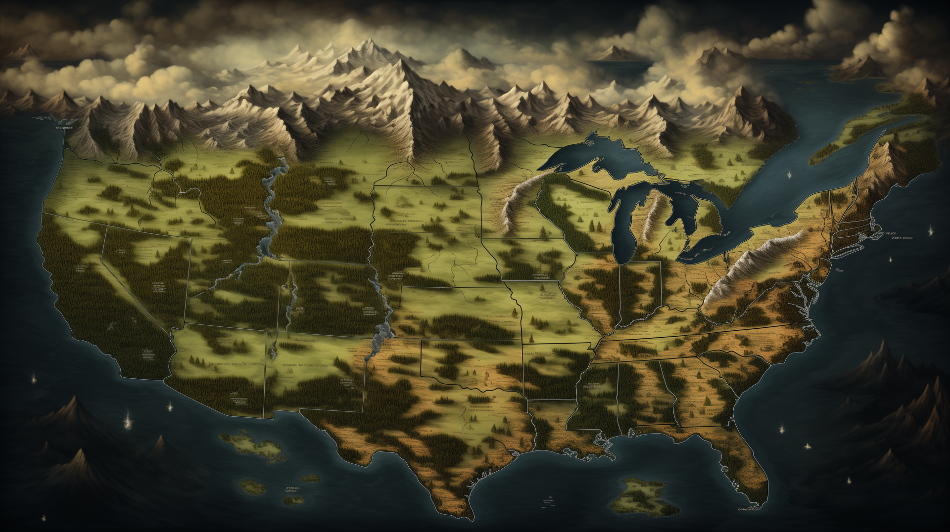 High-definition desktop wallpaper featuring a stylized fantasy map of the USA with textured landscapes for a creative background.