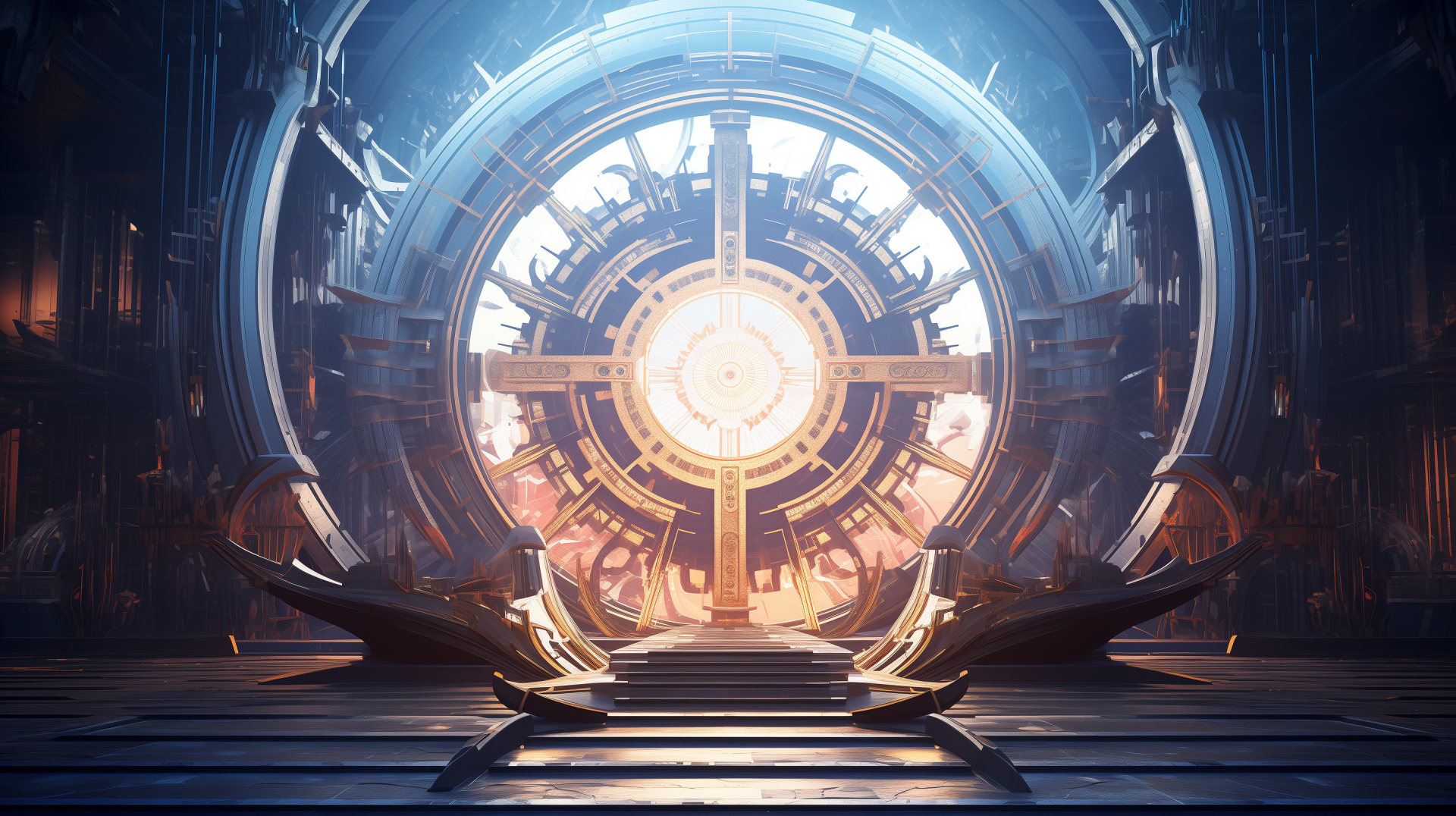 Futuristic stargate structure HD desktop wallpaper with glowing lights and intricate design.