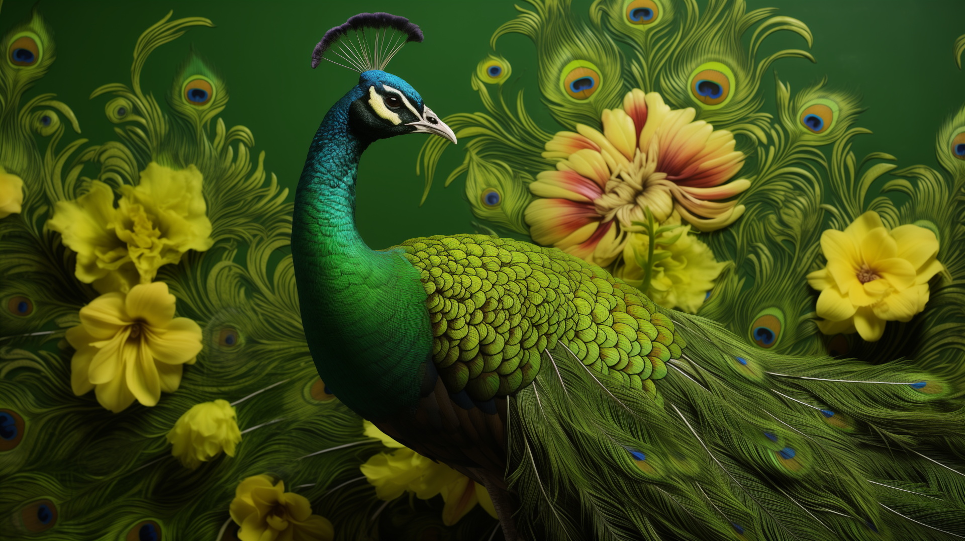 Vibrant peacock with extended feathers among yellow flowers on a green background - HD peacock wallpaper.