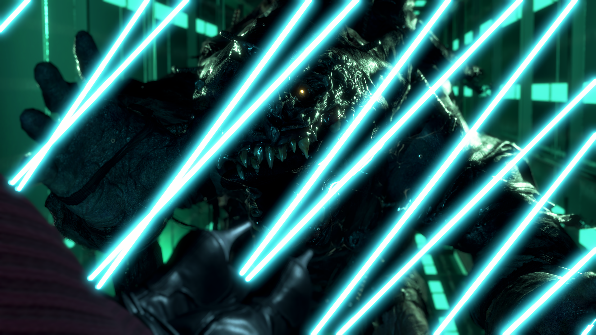 4K Ultra HD PC desktop wallpaper from Resident Evil 4 (2023) Separate Ways remake: a mutated creature caught in slashing cyan laser beams against a neon grid.