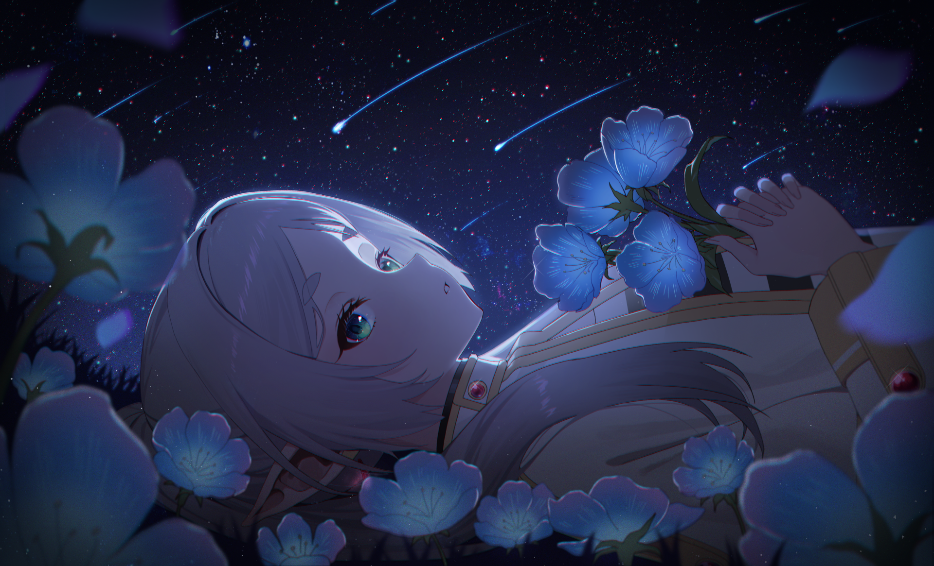 Anime HD wallpaper featuring Frieren from Frieren: Beyond Journey's End, lying among blue flowers under a starry night sky with shooting stars.