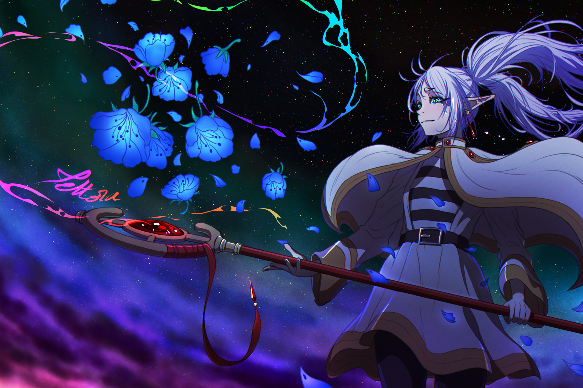 4K Ultra HD anime wallpaper featuring Frieren from Frieren: Beyond Journey's End, showcasing her with glowing blue flowers and a staff against a dark, mystical background.