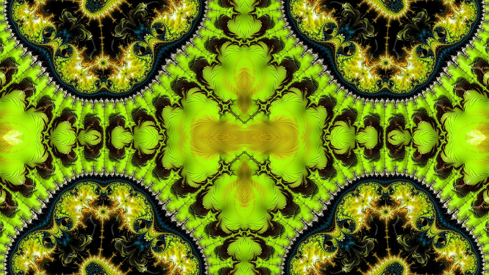Trippy psychedelic green abstract fractal with kaleidoscopic mirrored symmetry and intricate aesthetic detail — 4K Ultra HD PC desktop wallpaper and background.