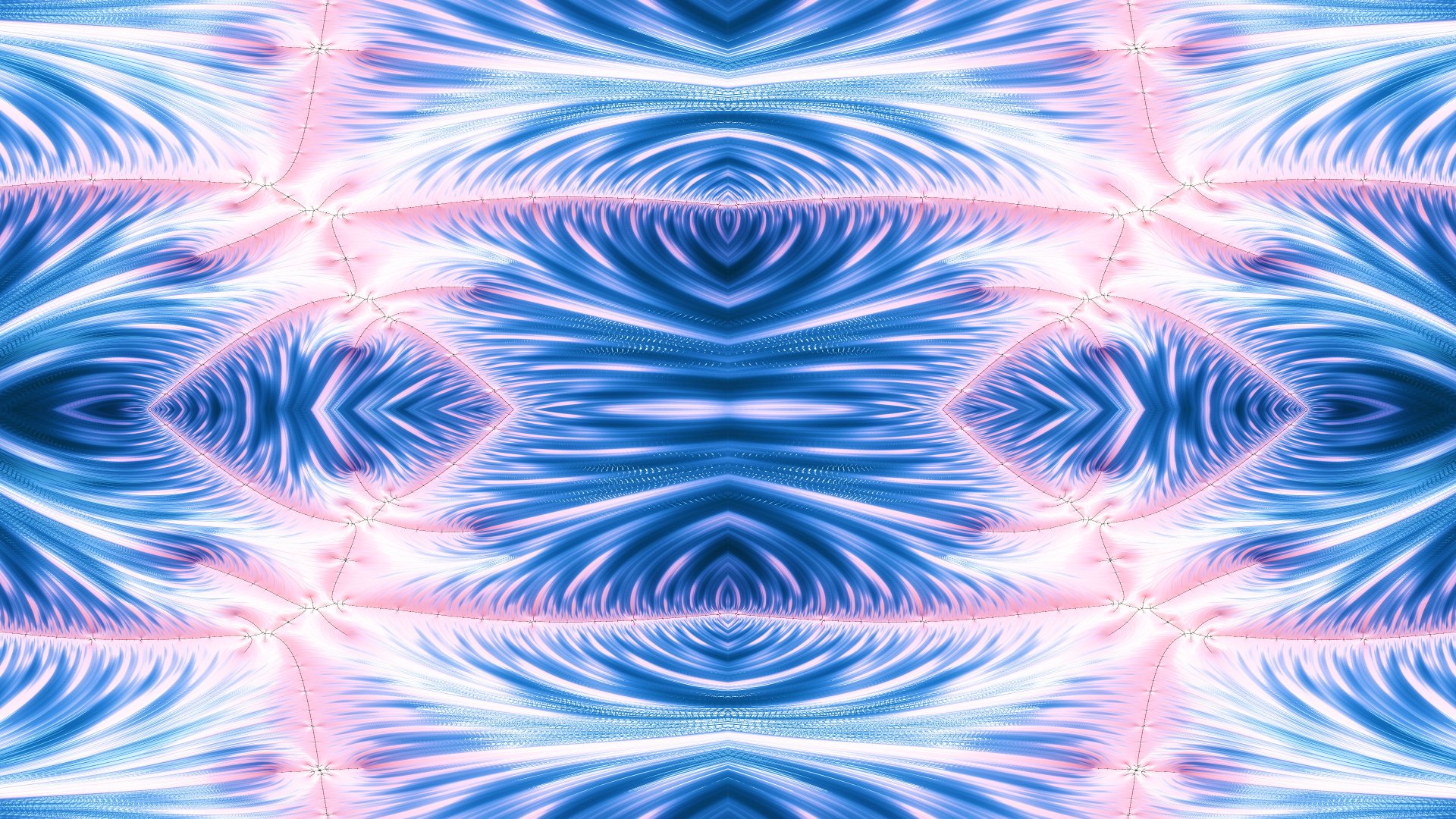 Trippy psychedelic blue abstract fractal pattern of mirrored feathered waves with glowing pink highlights — 4K Ultra HD PC desktop wallpaper background, aesthetic and surreal.