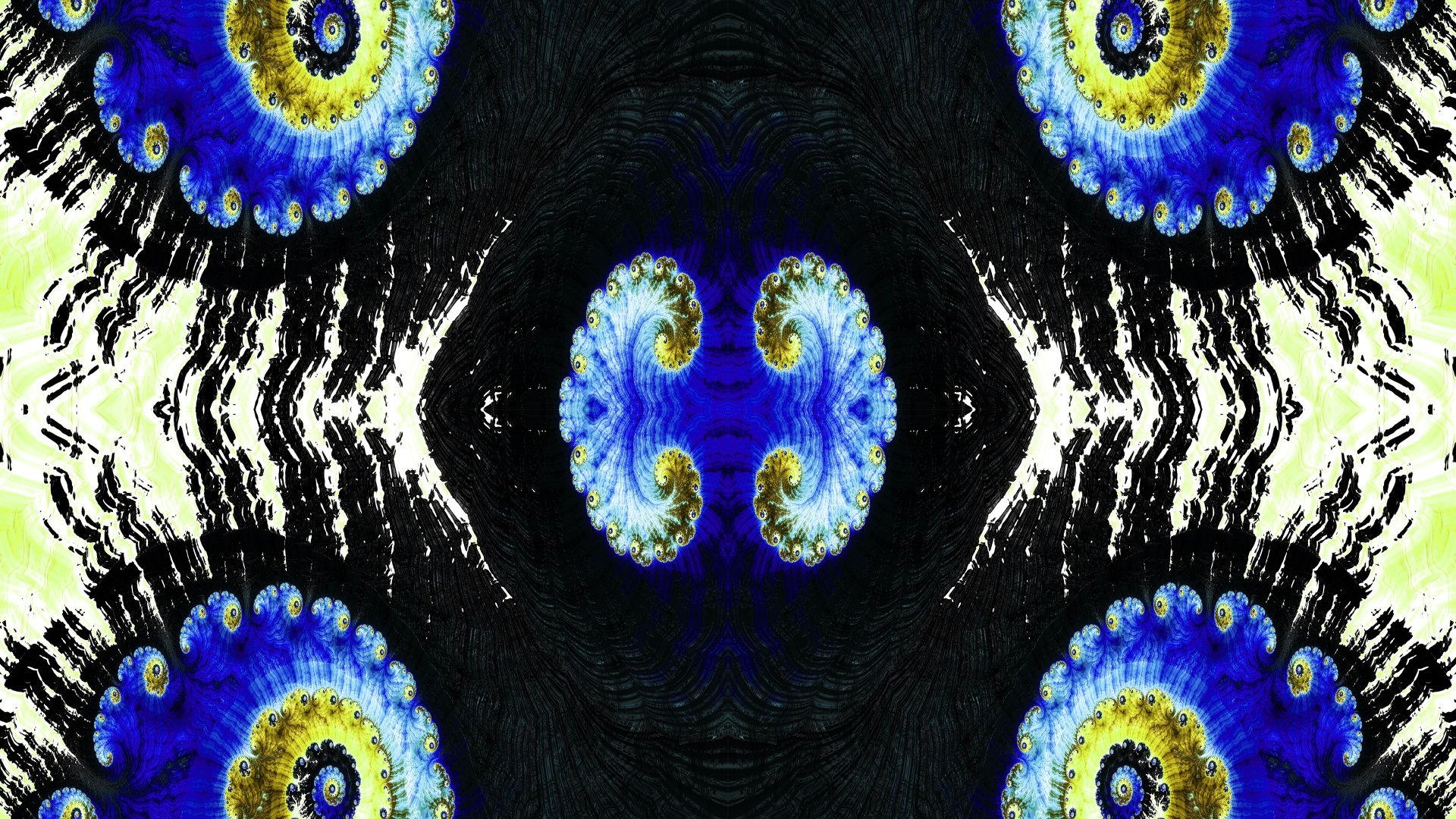 A trippy, psychedelic abstract fractal with vibrant blue, yellow, and black patterns forming a striking, symmetrical 4K Ultra HD desktop wallpaper.