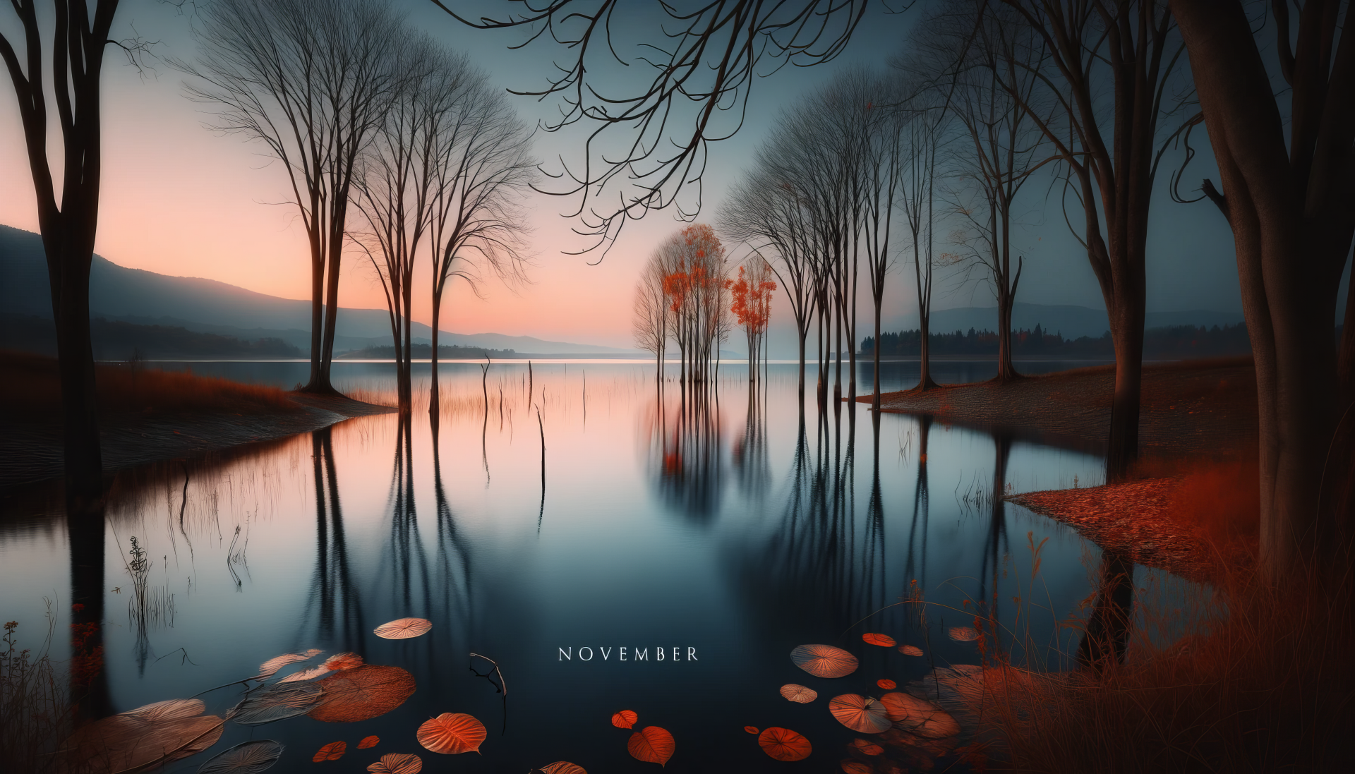 HD desktop wallpaper featuring a tranquil November scene with bare trees and fallen leaves reflected in a serene lake at twilight.
