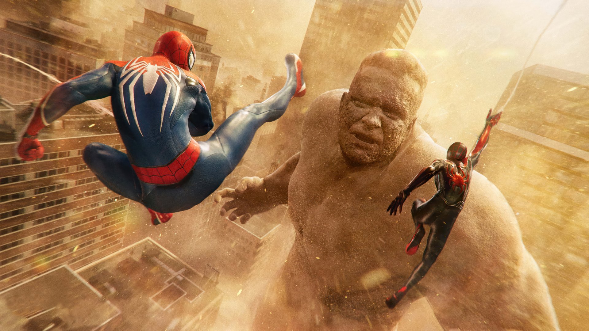 High-definition wallpaper from Marvel's Spider-Man 2 showcases Spider-Man and Miles Morales battling a giant foe amidst a dramatic cityscape.