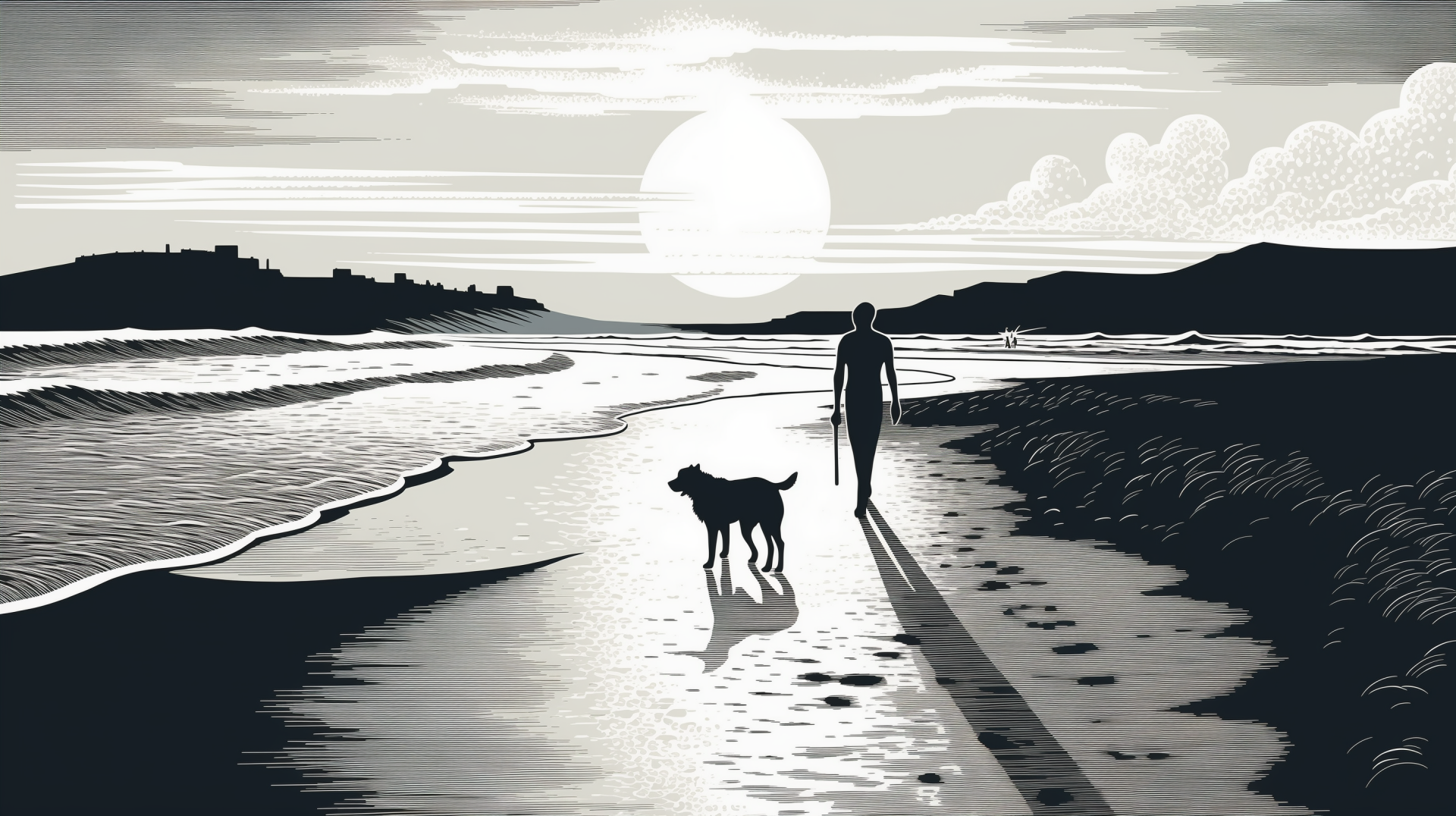 Silhouette of a person walking with a dog on the beach at sunset, with a serene ocean and setting sun in the background for an HD desktop wallpaper.