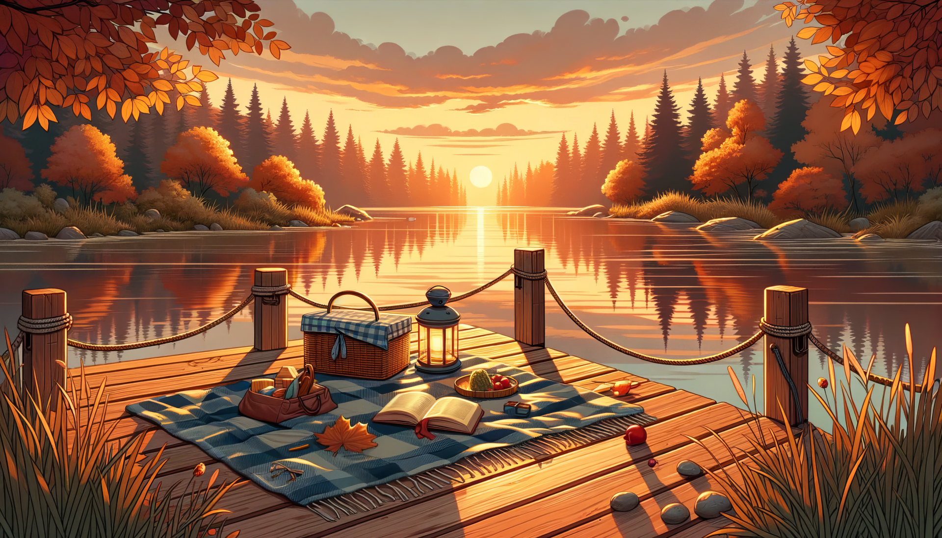 HD desktop wallpaper featuring a serene picnic setup on a lakeside dock at sunset, surrounded by autumnal trees.
