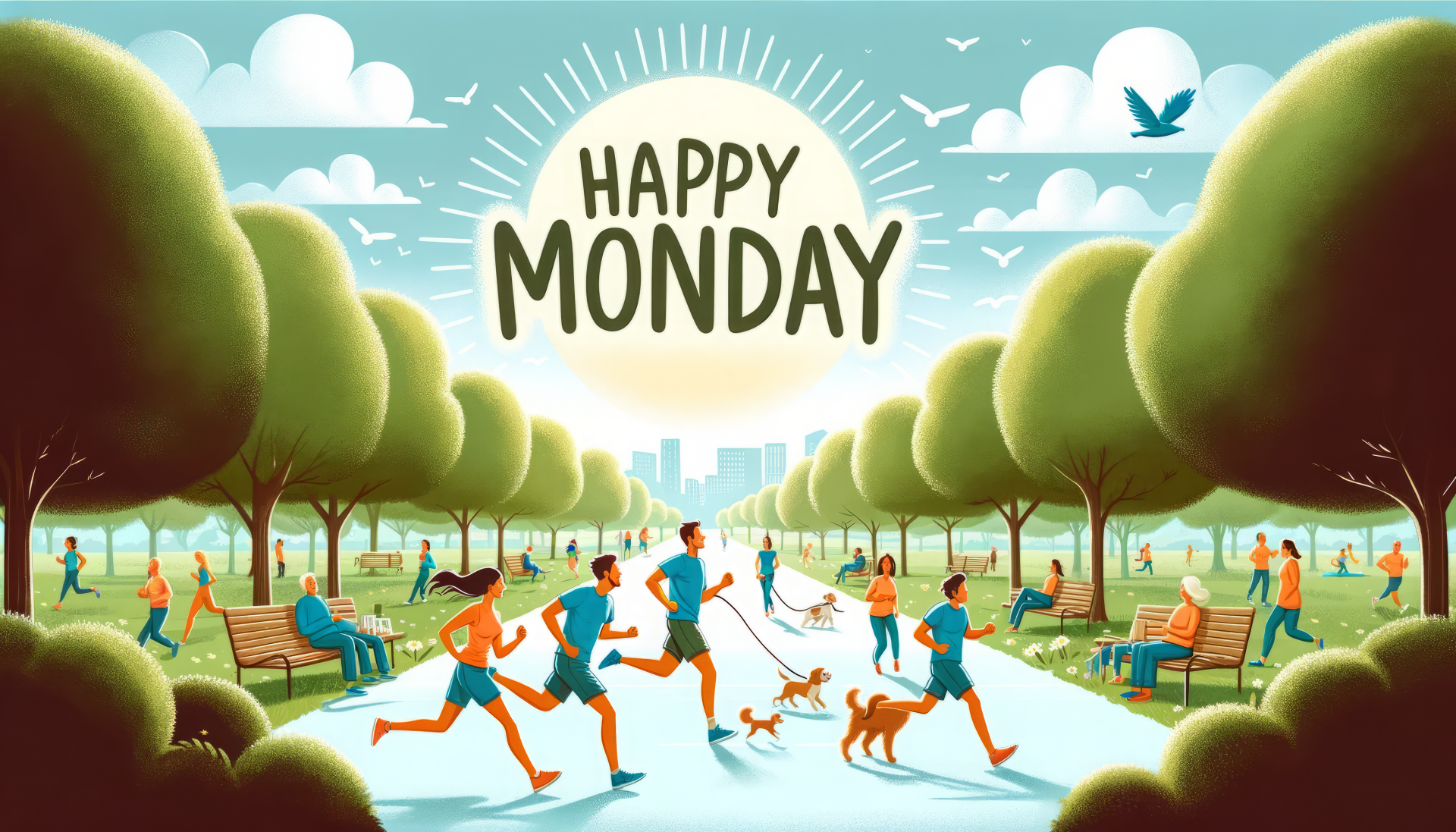 HD desktop wallpaper of a vibrant park scene with people jogging, walking dogs, and a Happy Monday greeting in bright letters against a sunrise backdrop.