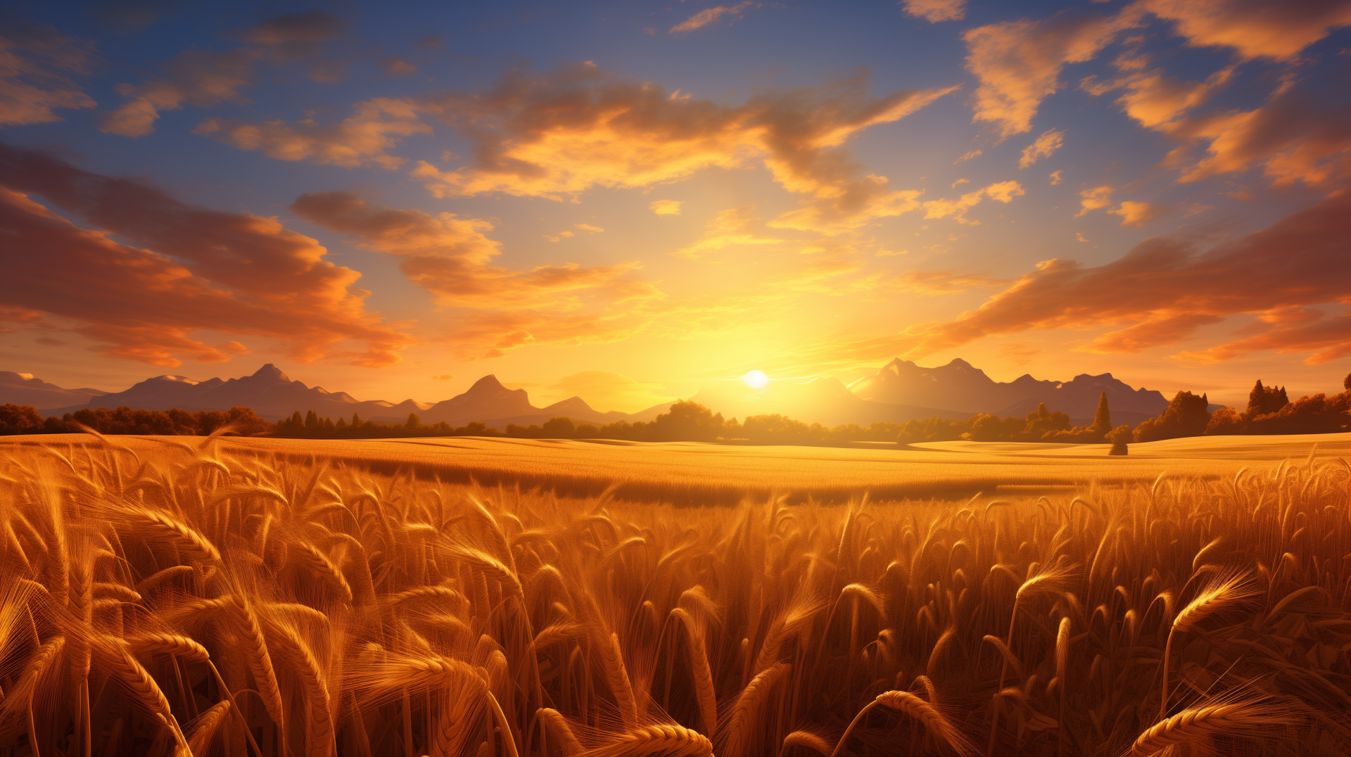 A serene sunset casts golden hues over a vast wheat field, with distant mountains silhouetted against the colorful sky, embodying the beauty of nature during harvest season.