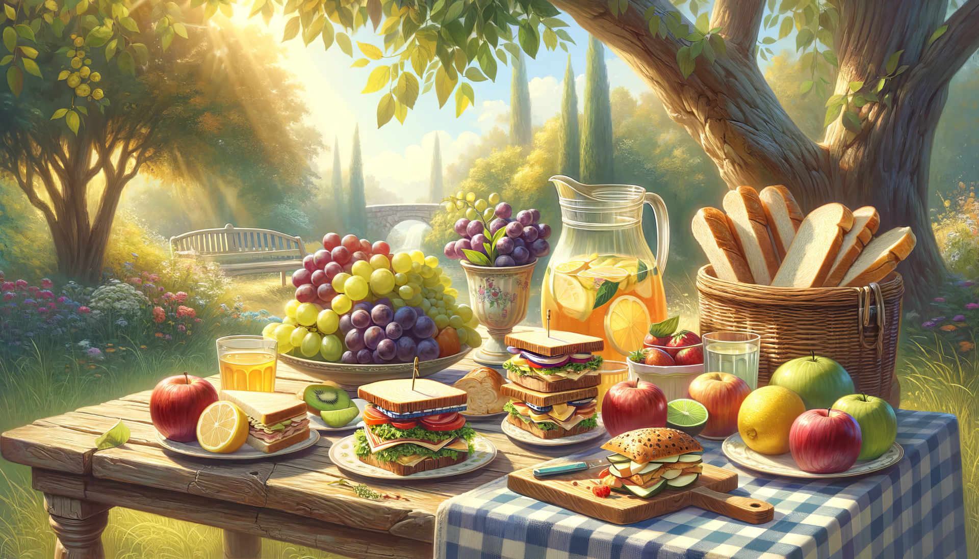 Idyllic summer picnic HD wallpaper featuring a spread of fresh fruits, sandwiches, and lemonade on a checkered tablecloth with a sunlit garden background.