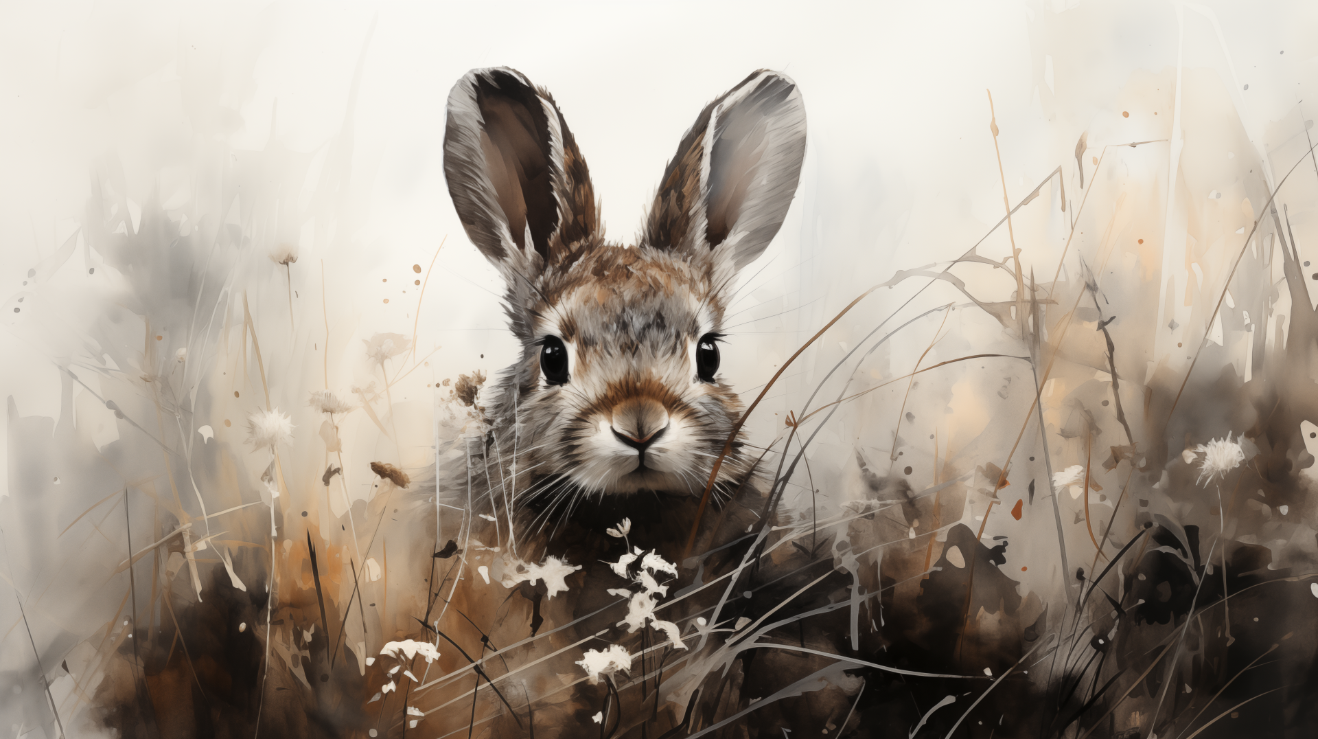 HD desktop wallpaper featuring an artistic illustration of a rabbit set against a soft, brush-stroked background.