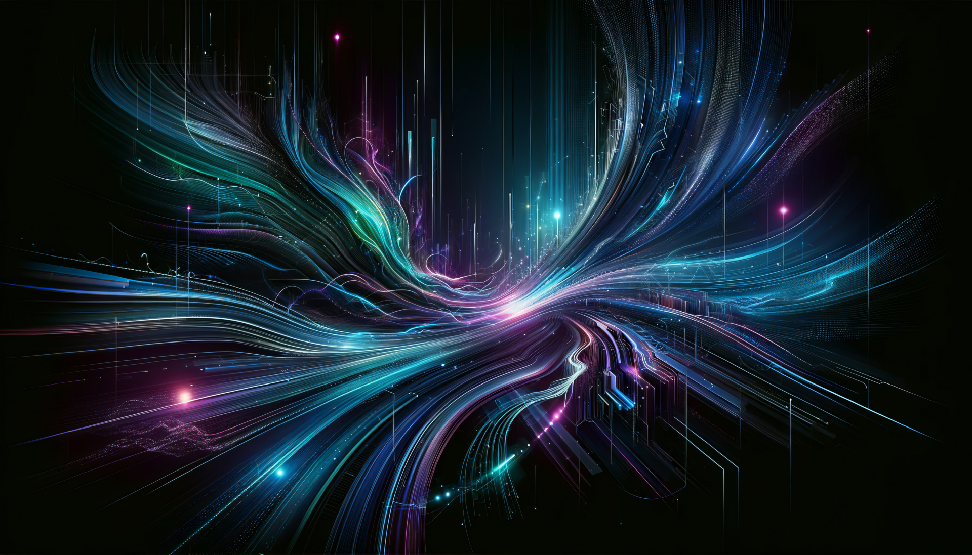 An abstract HD desktop wallpaper featuring swirling lines of vibrant colors and glowing lights against a dark background, creating a cool, dynamic visual effect.