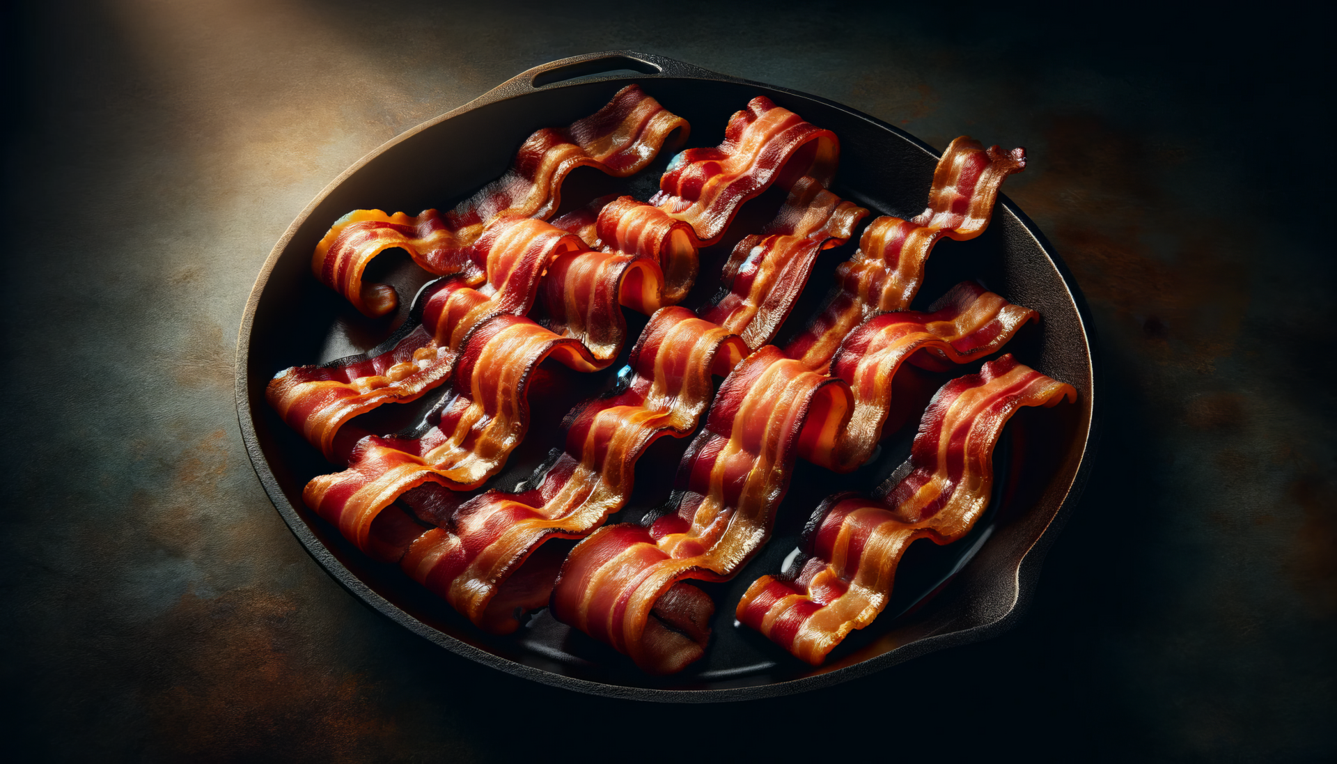 A close-up of crispy, beautifully arranged strips of bacon in a cast iron skillet, creating an enticing HD desktop wallpaper and background for food lovers.