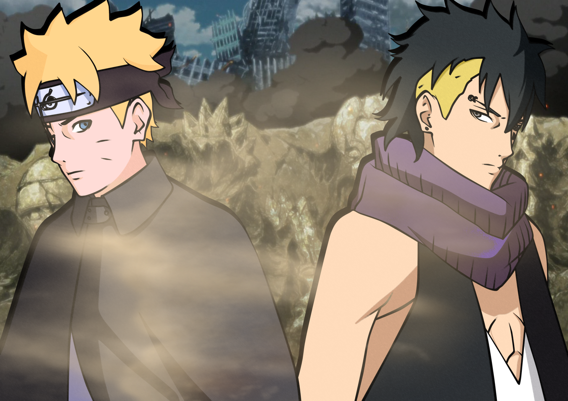 Boruto Uzumaki and Kawaki stand back-to-back in a moody anime scene, dust and a ruined cityscape behind them — 4K Ultra HD PC desktop wallpaper background.