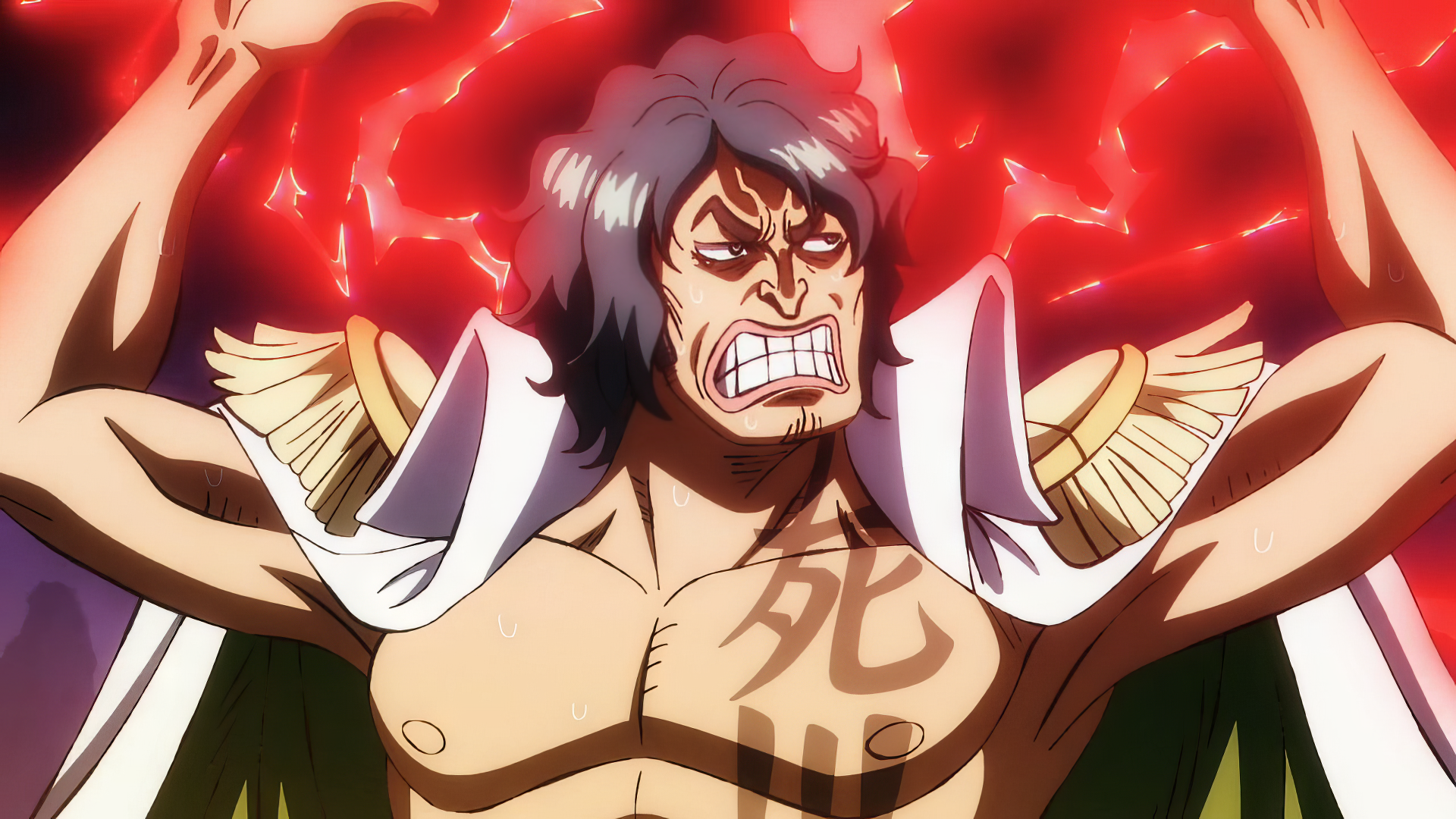 HD desktop wallpaper featuring Ryokugyu, a character from One Piece anime, displaying his mighty powers with a fiery aura in the background.