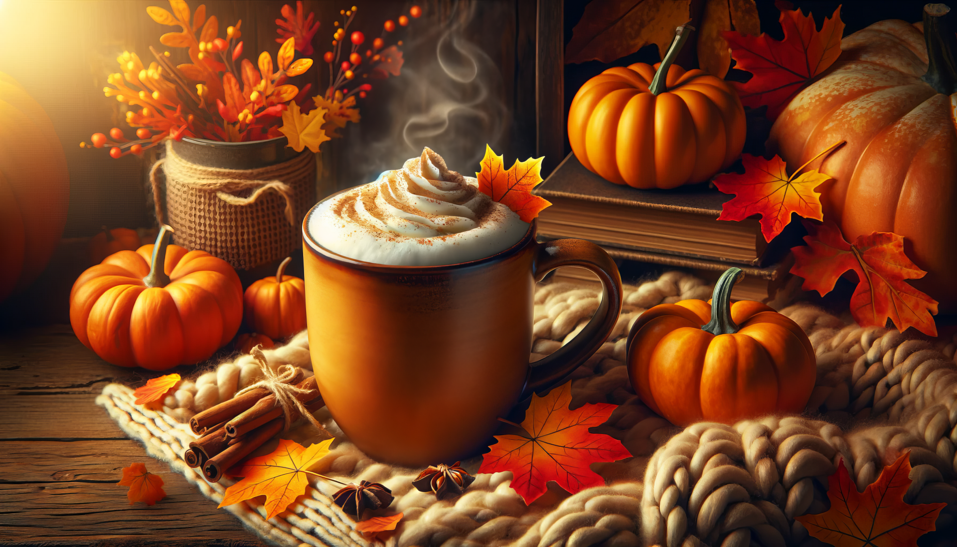 Cozy autumn desktop wallpaper with a steaming mug of hot beverage surrounded by pumpkins, fall leaves, and cinnamon sticks on a rustic wooden table.