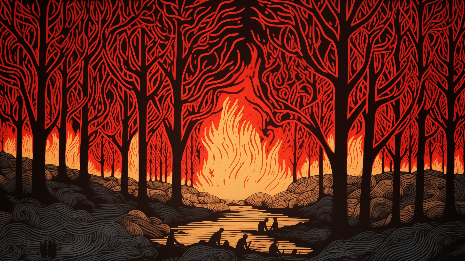 HD wallpaper of a stylized bonfire in a forest, with bright flames amidst dark trees, suitable as a desktop background.