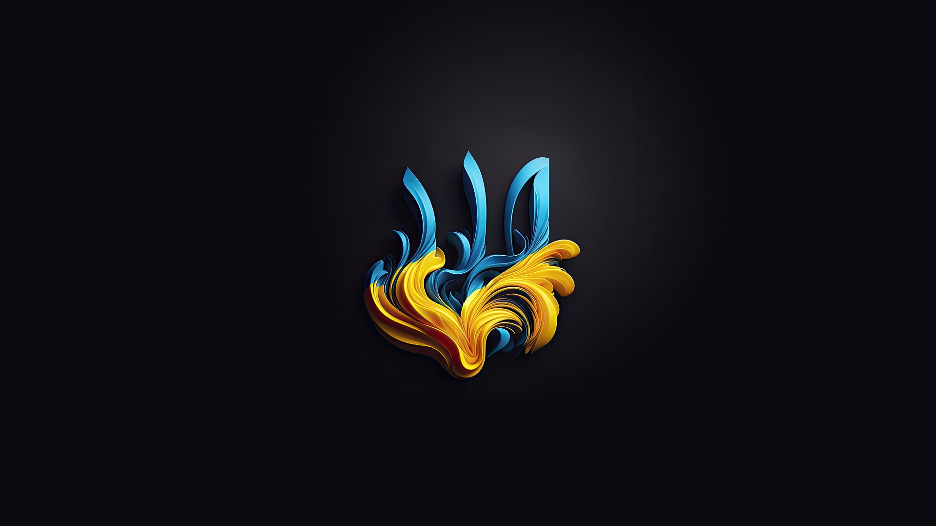 8K Ultra HD wallpaper featuring a stylized Ukrainian trident emblem with blue and yellow swirling flames on a black background, representing Ukraine.
