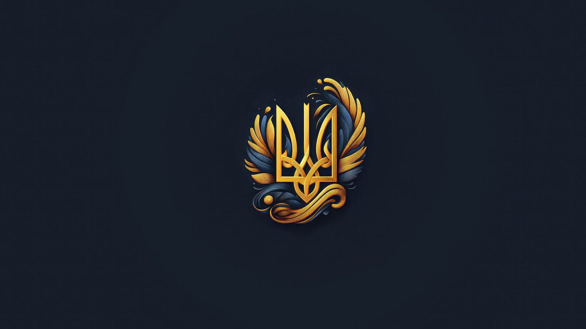 8K Ultra HD PC desktop wallpaper featuring a stylized golden Ukrainian trident emblem with decorative elements on a dark background.