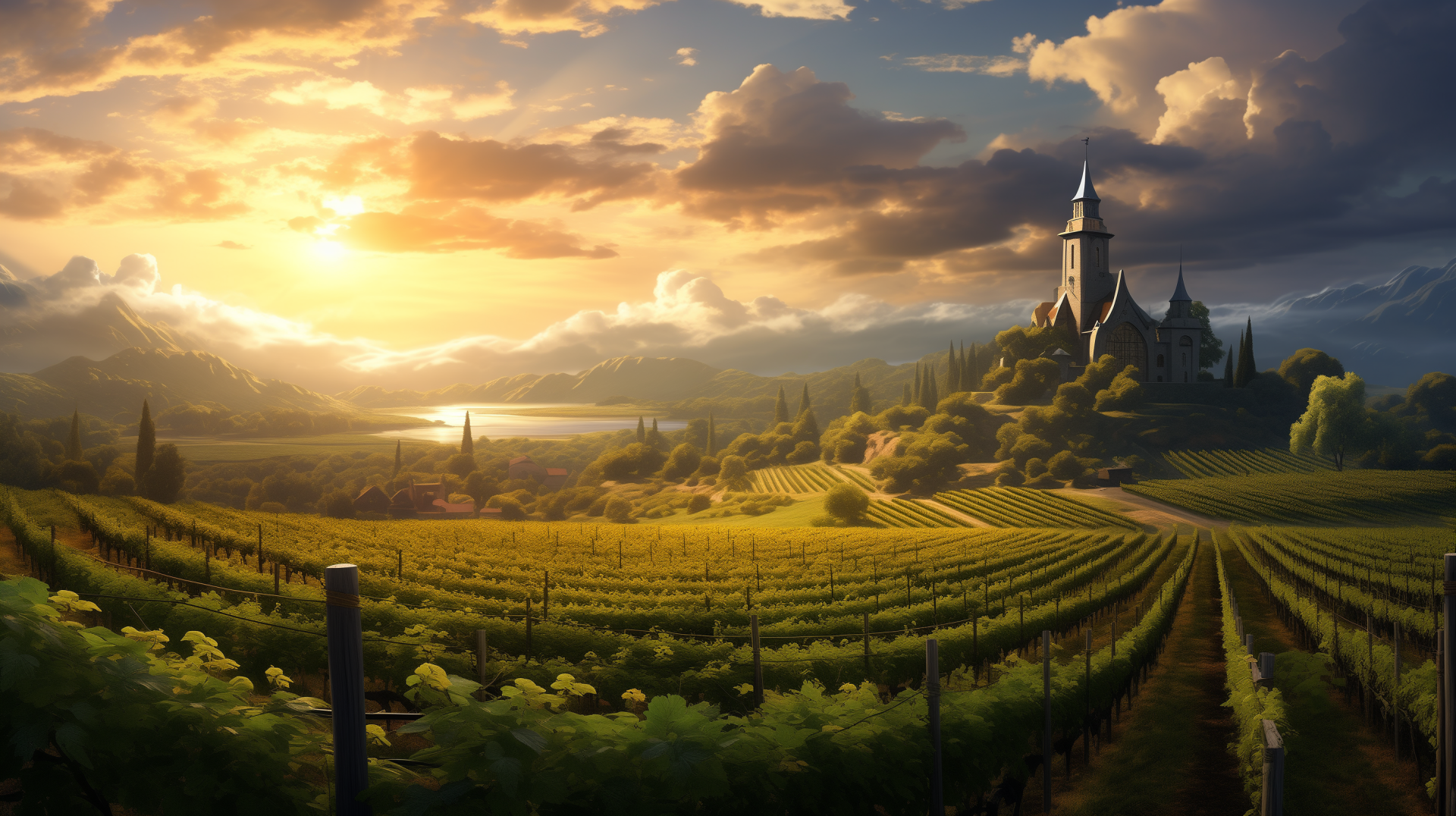 Breathtaking HD wallpaper featuring a sun-kissed vineyard landscape, with rows of grapevines leading to a majestic castle and church under a dramatic sunset sky.