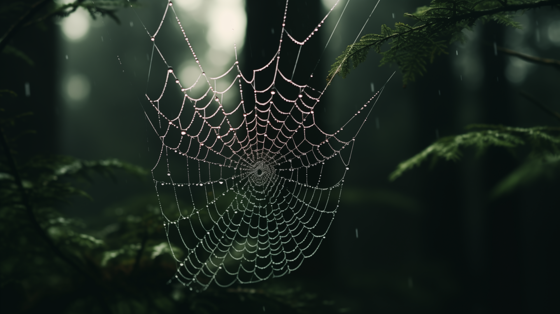 An artistic HD wallpaper featuring a delicate spider web adorned with dew, set against a moody, blurred forest background.