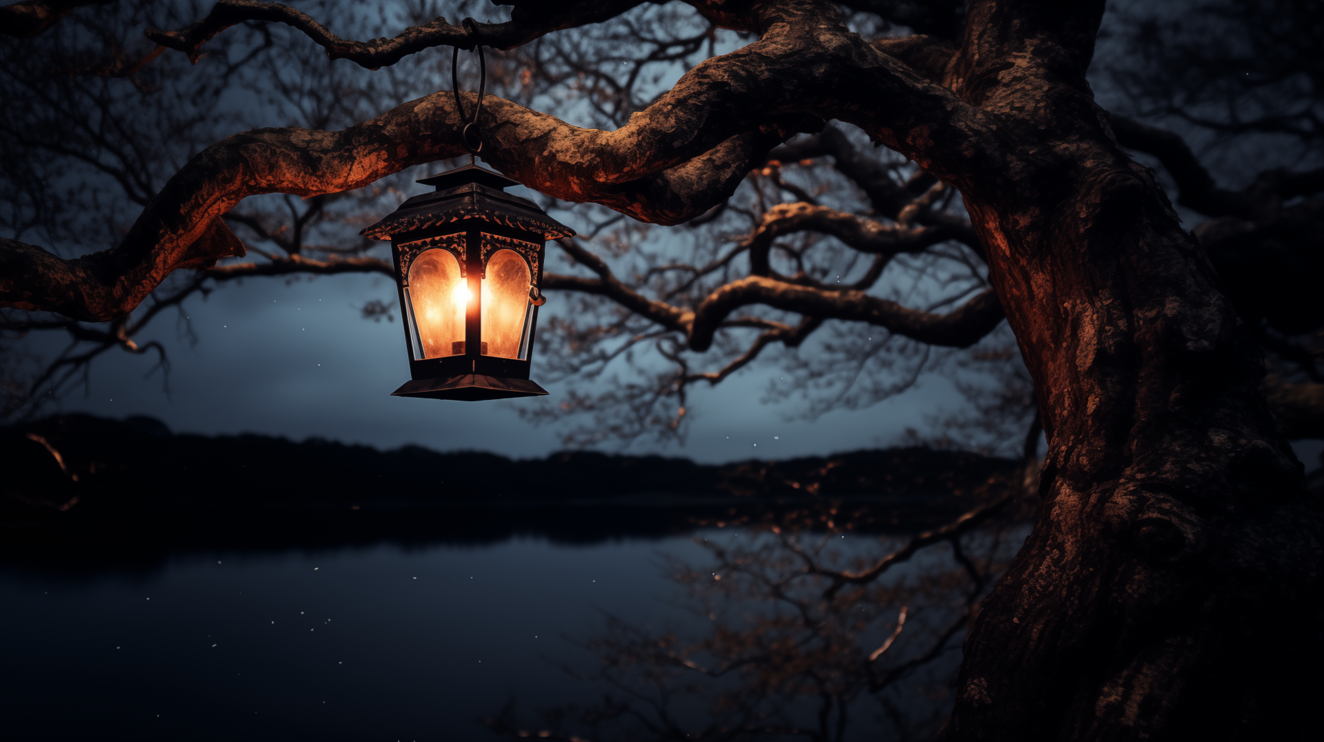 An enchanting HD wallpaper featuring a glowing lantern hanging from a twisted tree branch, casting warm light against a dark, serene lakeside backdrop.