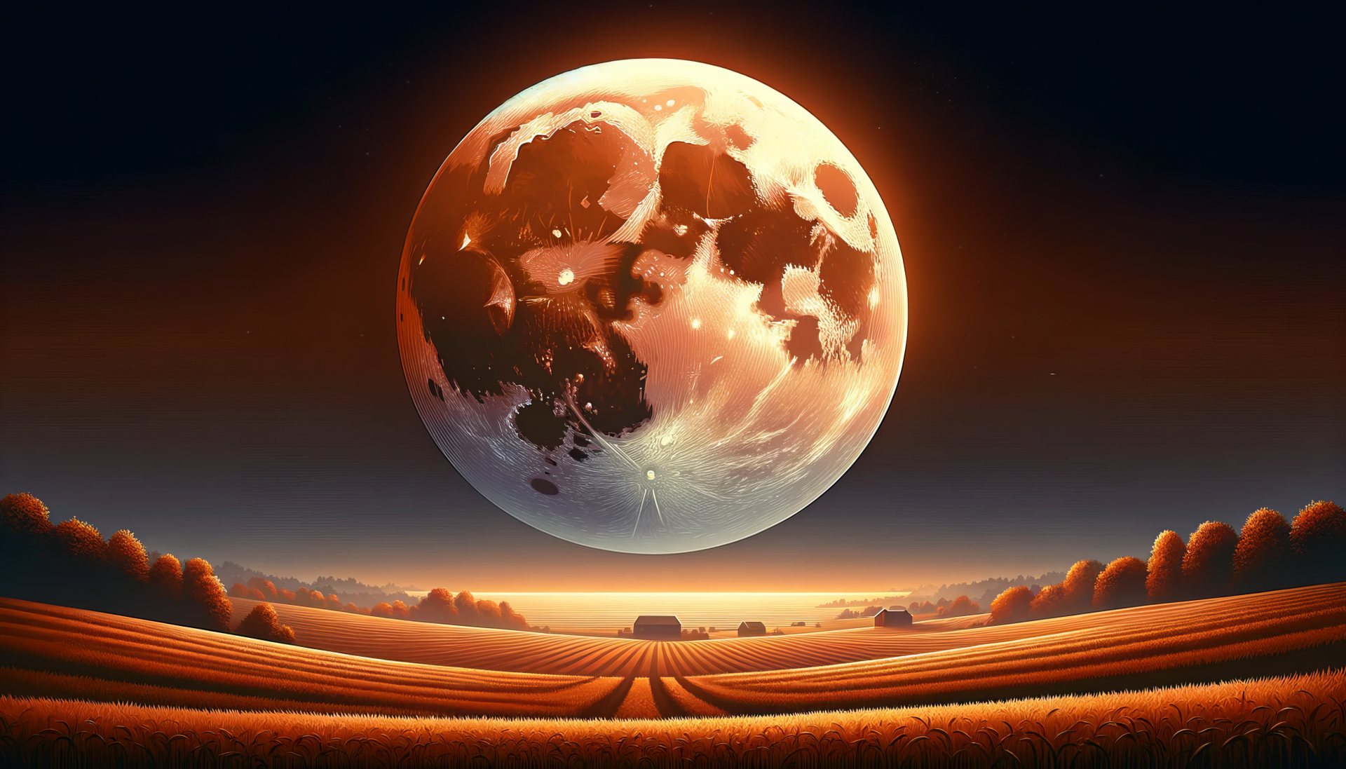 HD wallpaper of a surreal landscape with an oversized moon rising over golden fields under a twilight sky.
