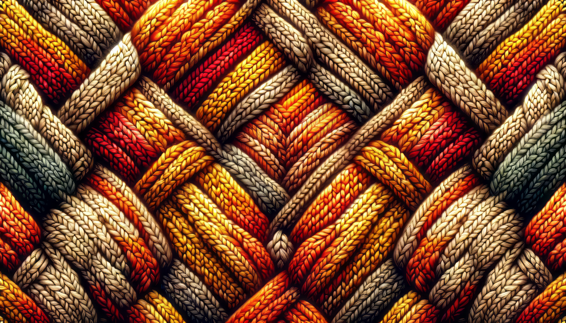 HD desktop wallpaper featuring a detailed and vibrant knit pattern with interwoven strands in rich, warm colors.