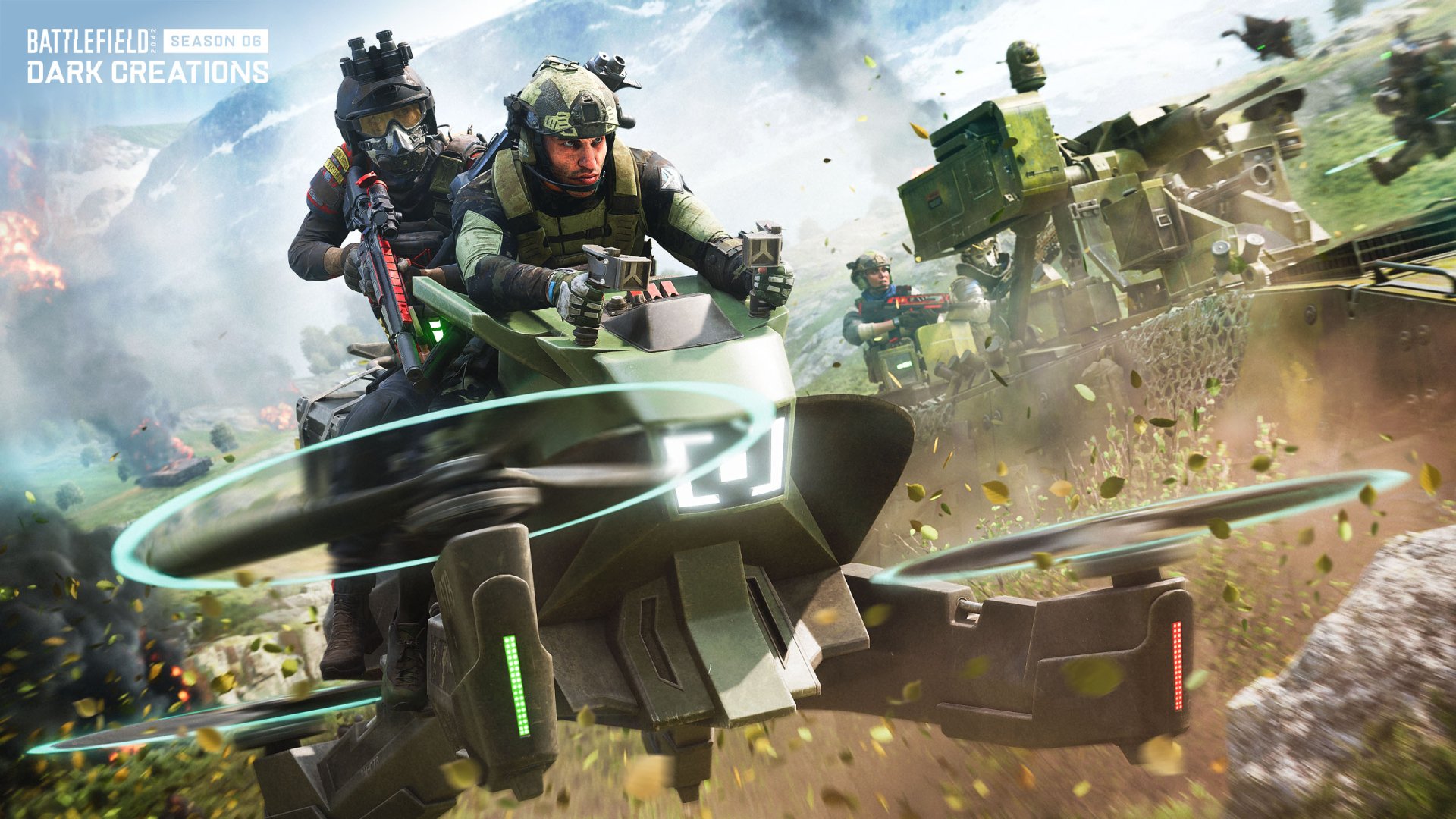 HD desktop wallpaper from Battlefield 2042, featuring dynamic in-game action with soldiers and futuristic vehicles in combat.