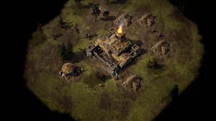 HD desktop wallpaper featuring a strategic overhead view of a fortified base from the game Age of Darkness: Final Stand, highlighted with a glowing fire atop a central structure, set against a dark, encroaching periphery.