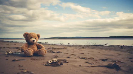 A teddy bear sits on a sandy beach, surrounded by natural debris, with a serene lake and cloudy skies in the background. This image serves as a beautiful HD desktop wallpaper.