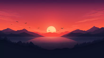 HD minimalist sunset over mountains and a lake, silhouette of birds in flight, for desktop wallpaper and background.