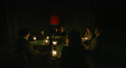 A haunting scene from the movie A Haunting in Venice, featuring a group gathered around a table with lanterns in a dim room, creating an eerie atmosphere for this HD desktop wallpaper.